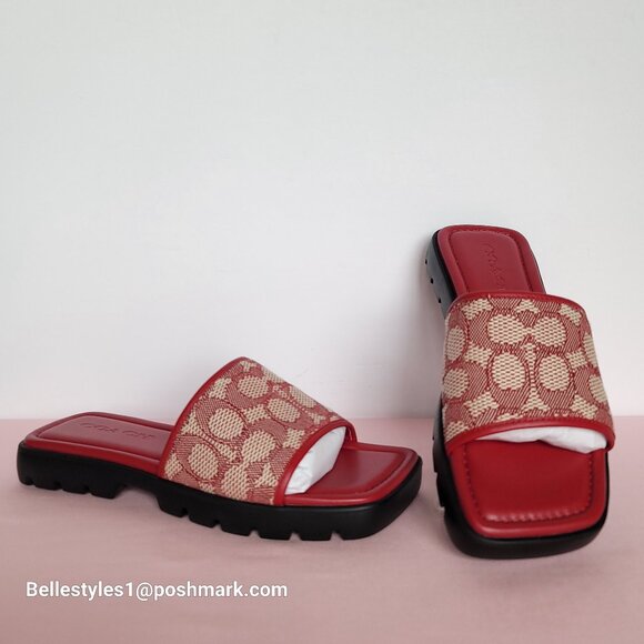 COACH FLORENCE Signature Logo Jacquard Slide Sandals- Ruby multi-Women’s Size 6B - Picture 2 of 16